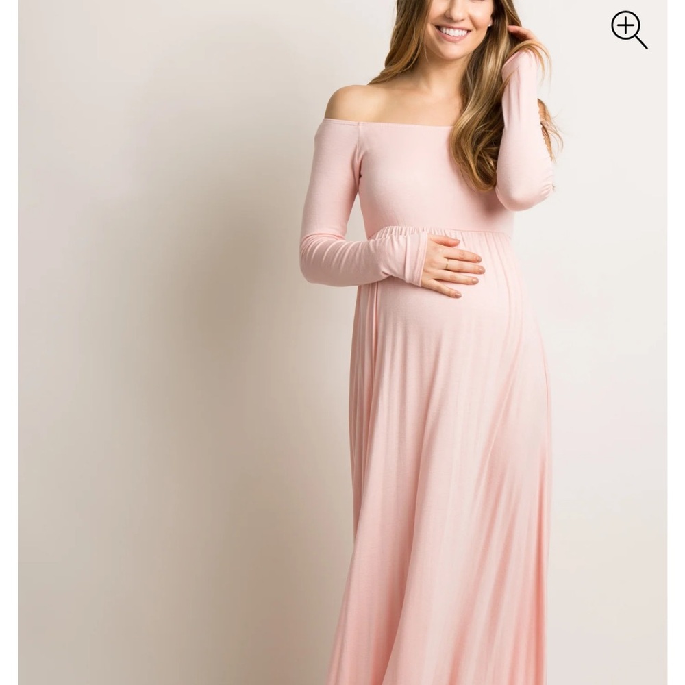 PinkBlush Pink Solid Off Shoulder Maternity Maxi Dress